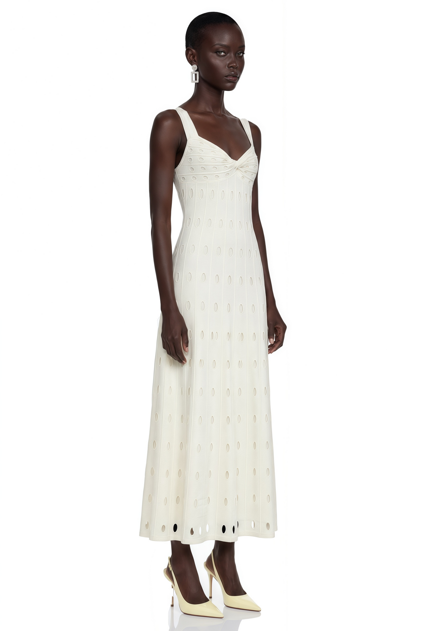 Önü Kıvrımlı Shirley Beyaz Cut-Out Maxi Elbise