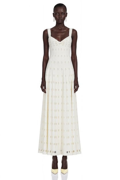 Önü Kıvrımlı Shirley Beyaz Cut-Out Maxi Elbise