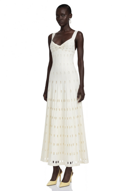 Önü Kıvrımlı Shirley Beyaz Cut-Out Maxi Elbise