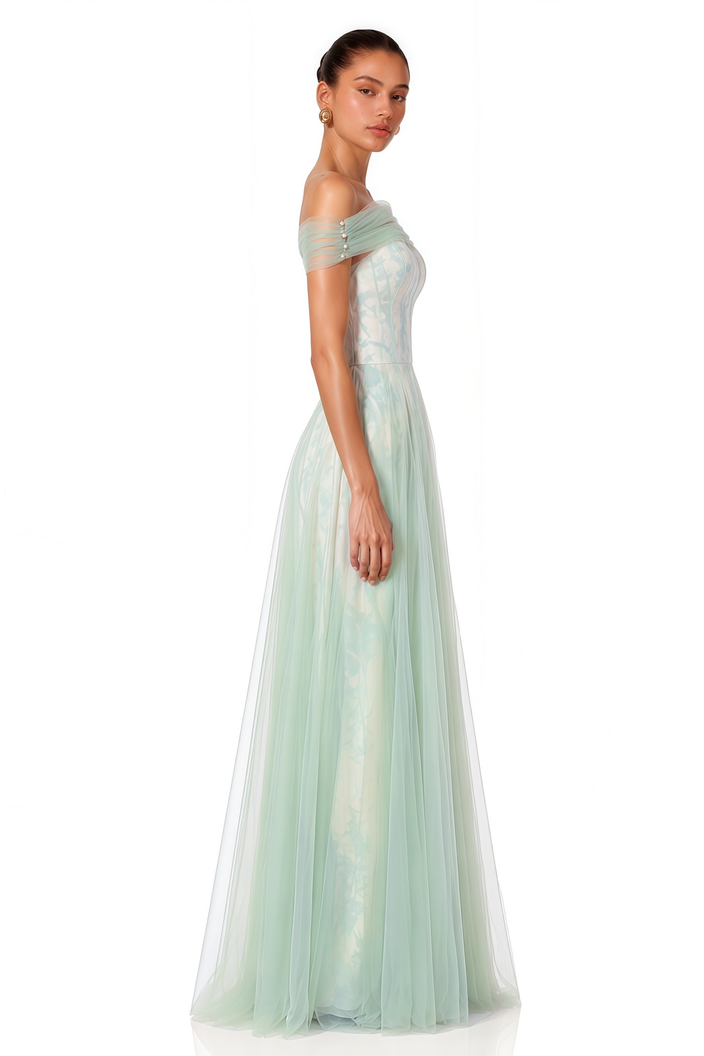 Siddiqa Green Print Tulle Pleated Maxi Dress