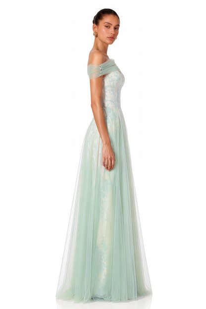 Siddiqa Green Print Tulle Pleated Maxi Dress