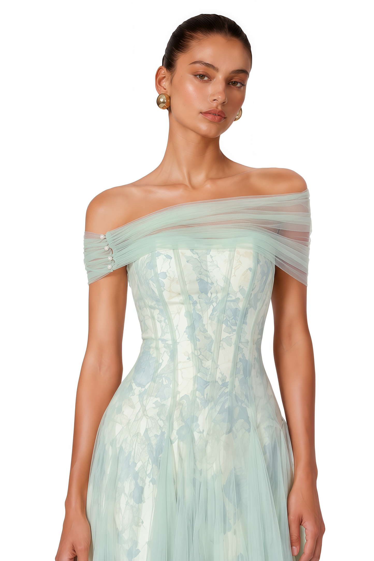 Siddiqa Green Print Tulle Pleated Maxi Dress