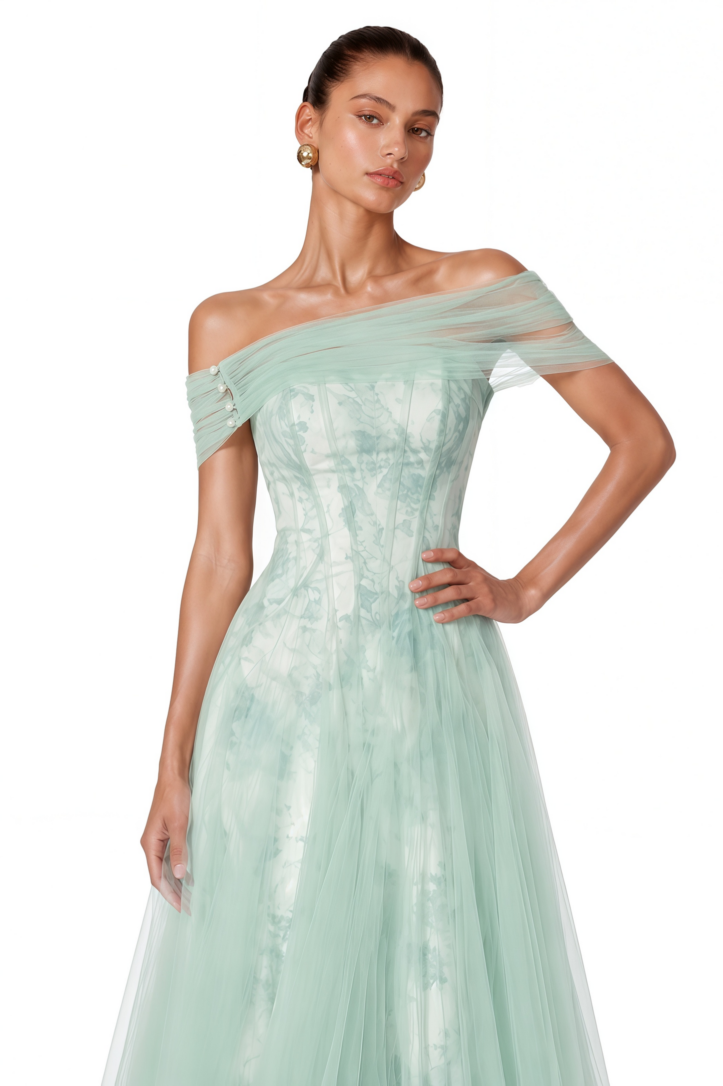 Siddiqa Green Print Tulle Pleated Maxi Dress