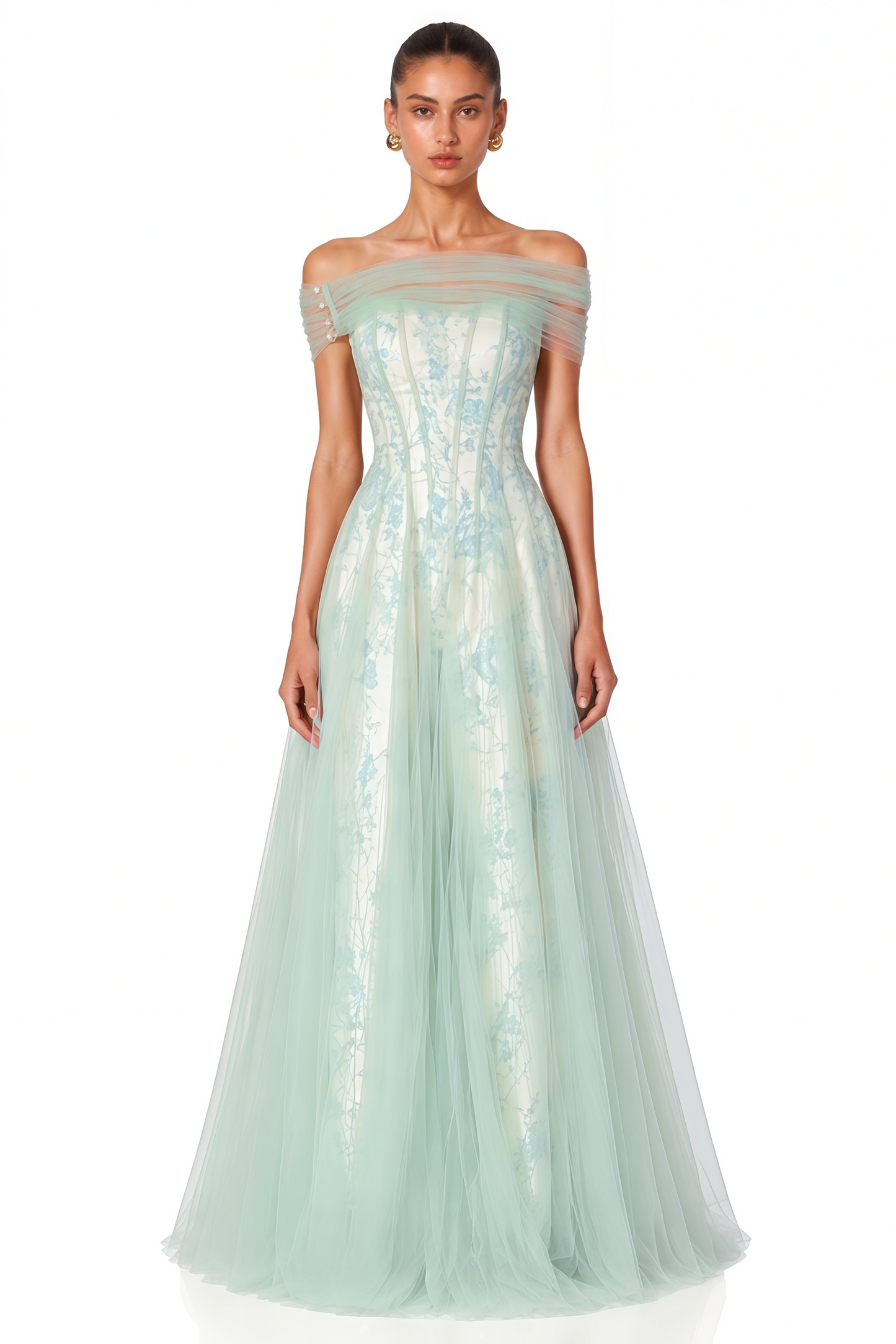 Siddiqa Green Print Tulle Pleated Maxi Dress