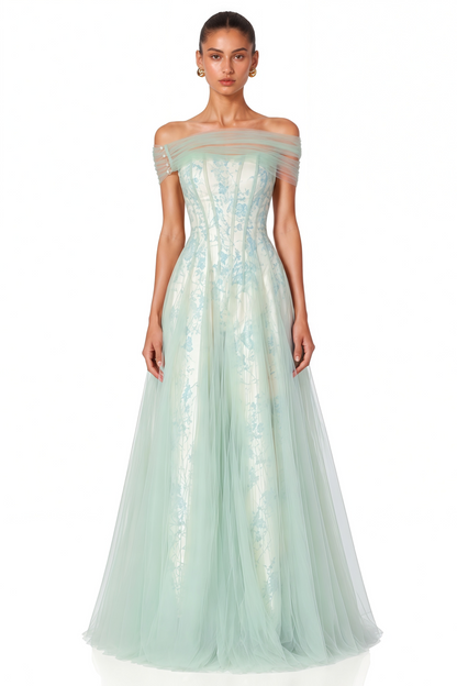 Siddiqa Green Print Tulle Pleated Maxi Dress