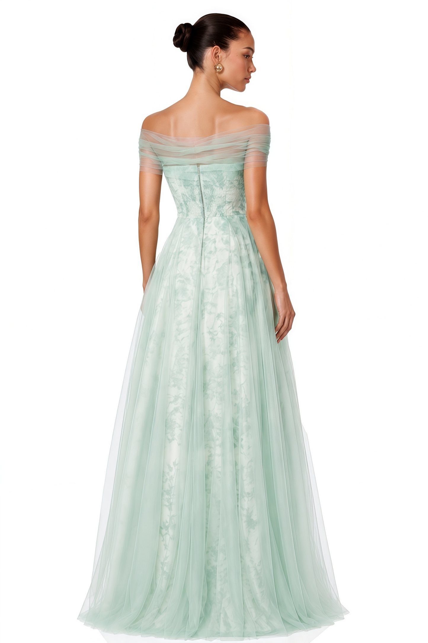 Siddiqa Green Print Tulle Pleated Maxi Dress
