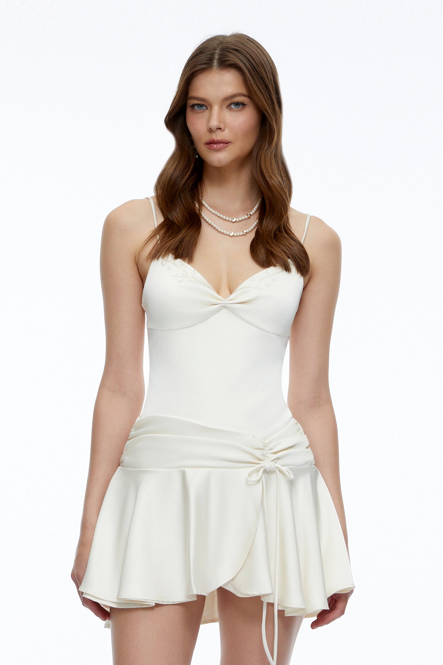 Sidonie Neutral Satin Mini Dress with Floral Embroidery
