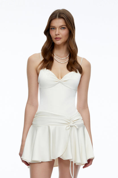 Sidonie Neutral Satin Mini Dress with Floral Embroidery