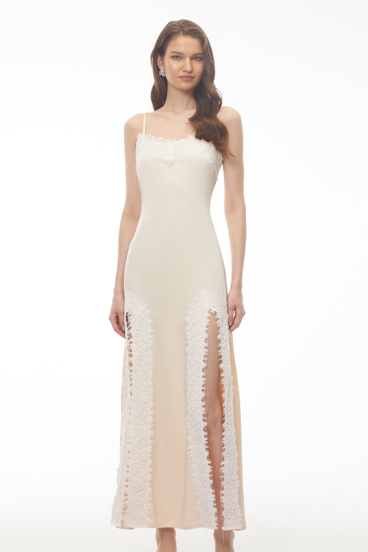 Sienna Neutral Satin Maxi Dress with High Slit