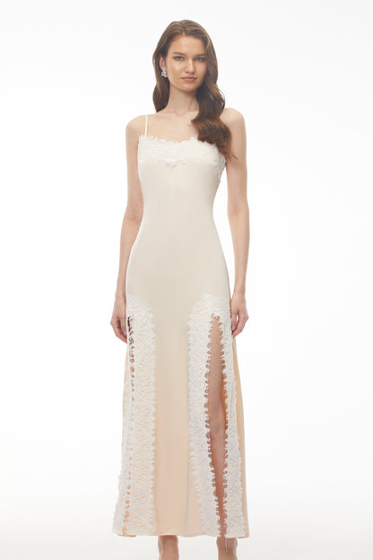 Sienna Neutral Satin Maxi Dress with High Slit