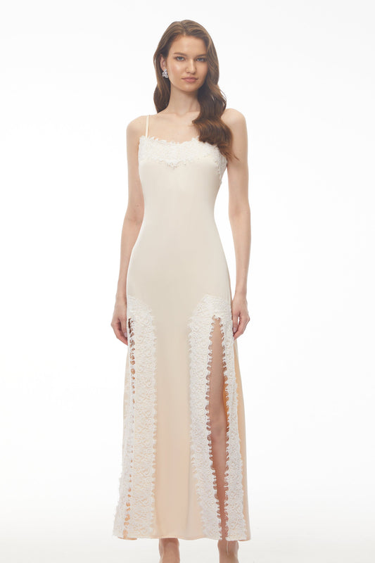 Sienna Neutral Satin Maxi Dress with High Slit