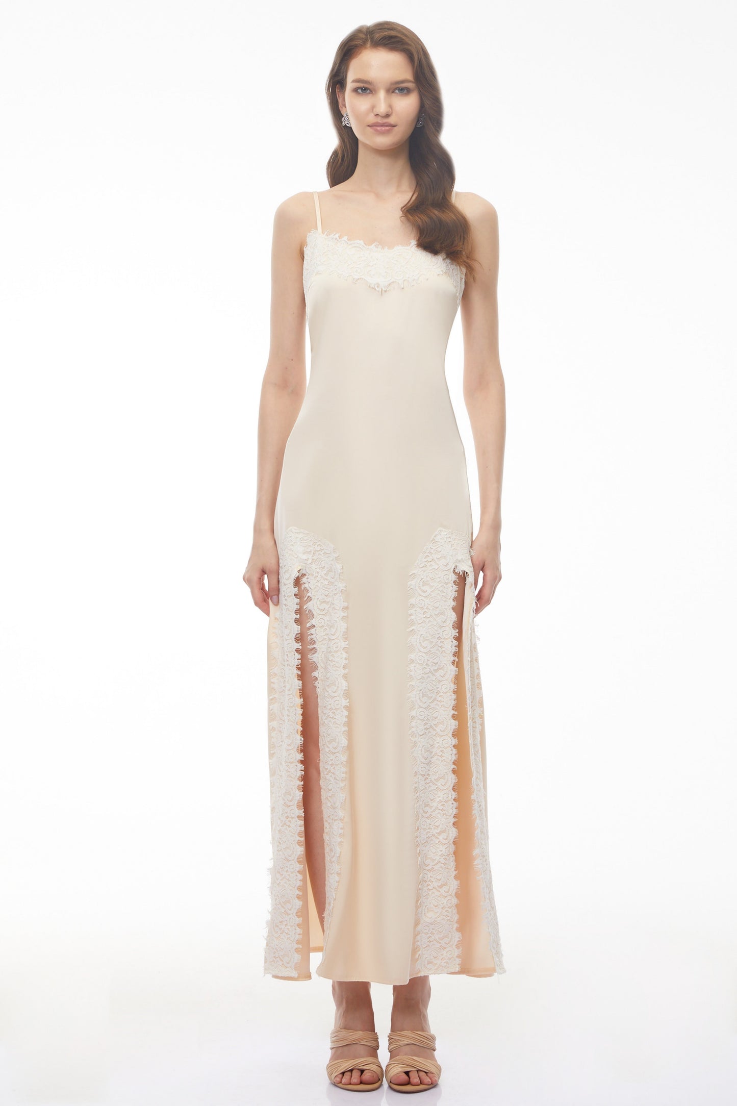 Sienna Neutral Satin Maxi Dress with High Slit