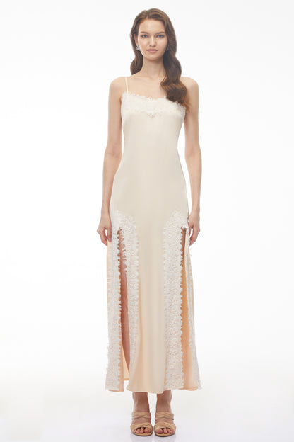 Sienna Neutral Satin Maxi Dress with High Slit
