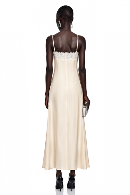 Sienna Neutral Satin Maxi Dress with High Slit
