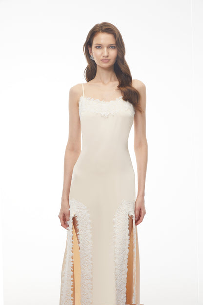 Sienna Neutral Satin Maxi Dress with High Slit