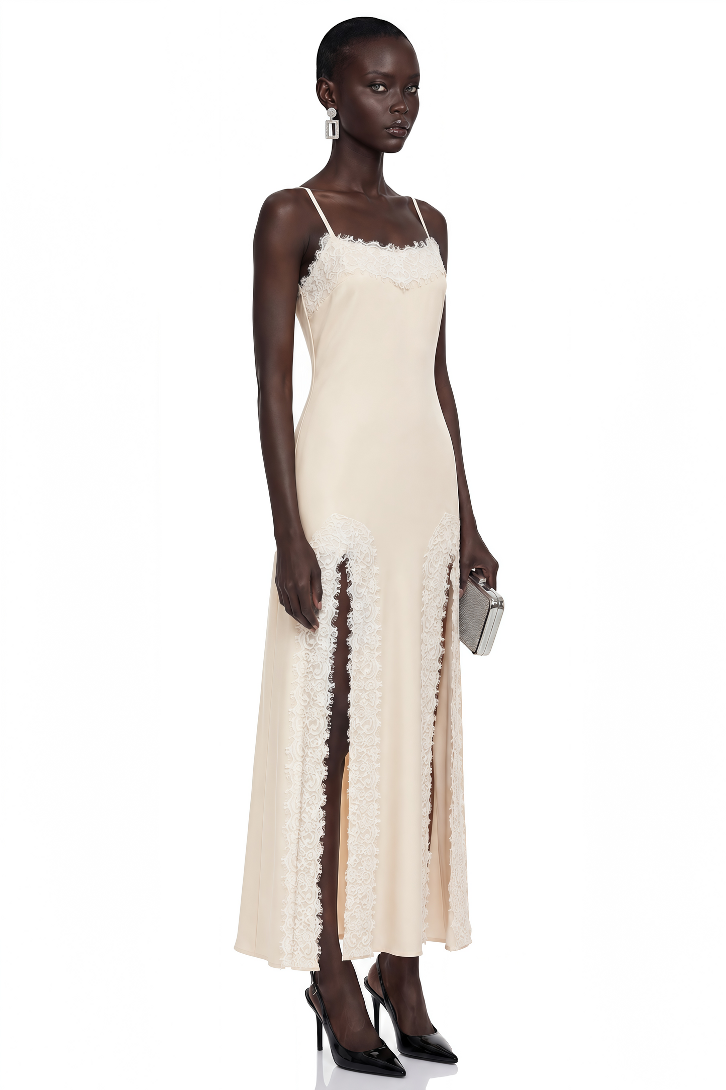Sienna Neutral Satin Maxi Dress with High Slit