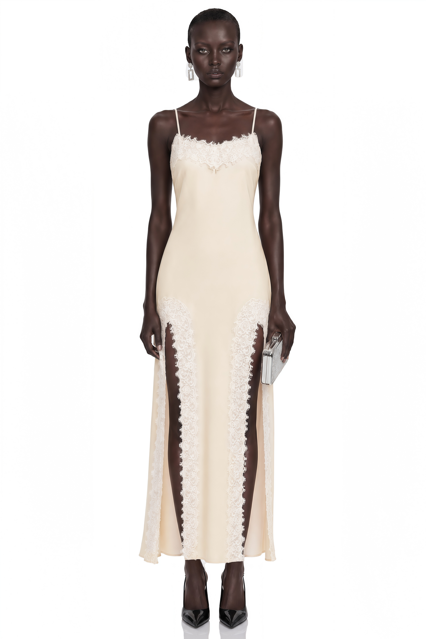 Sienna Neutral Satin Maxi Dress with High Slit