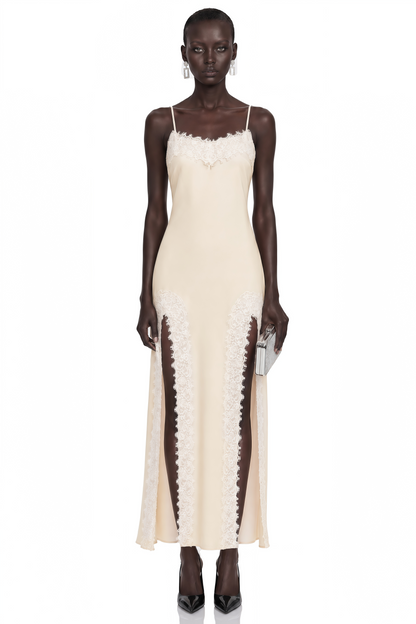 Sienna Neutral Satin Maxi Dress with High Slit