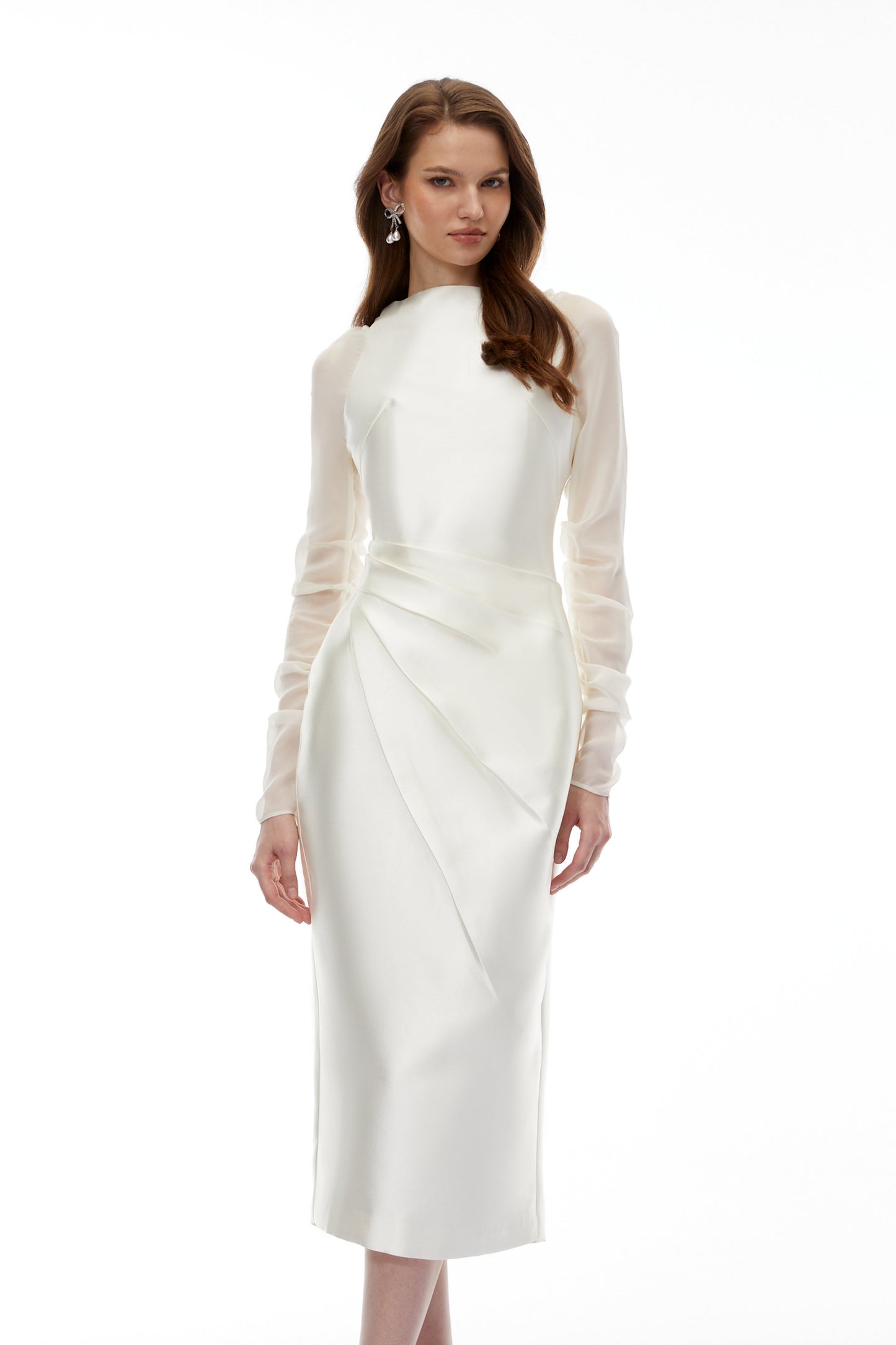 Sienna White Satin Midi Dress with Chiffon Panels