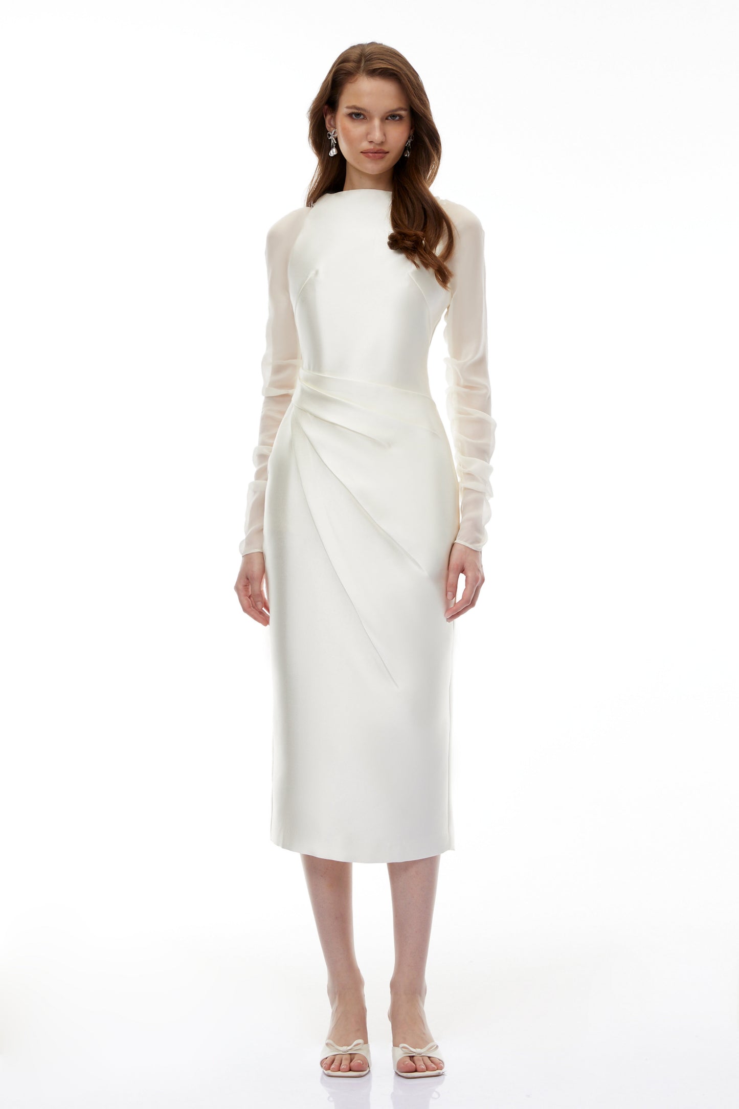 Sienna White Satin Midi Dress with Chiffon Panels