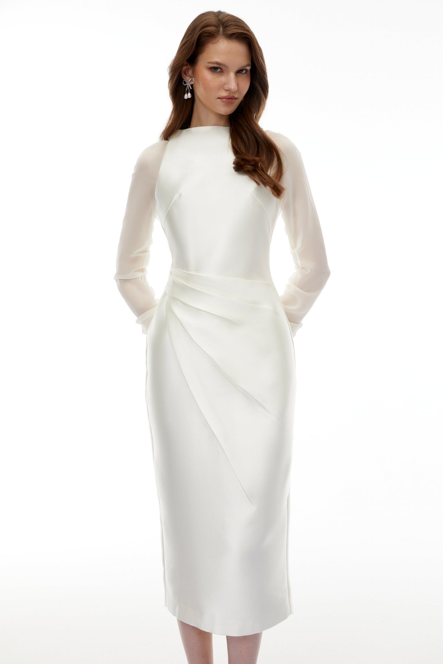 Sienna White Satin Midi Dress with Chiffon Panels