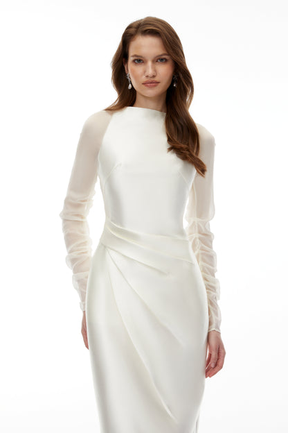 Sienna White Satin Midi Dress with Chiffon Panels
