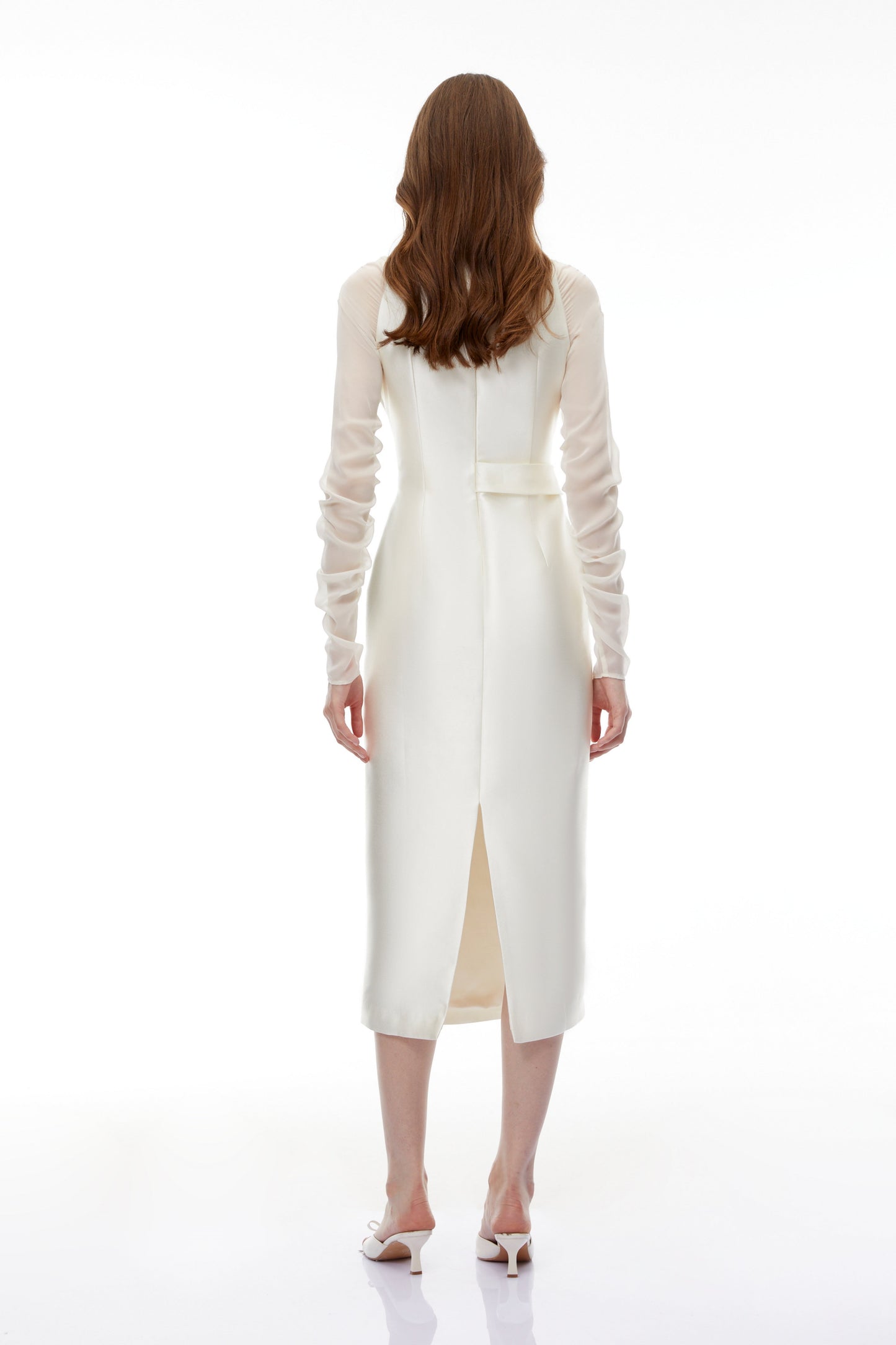 Sienna White Satin Midi Dress with Chiffon Panels