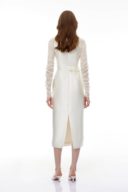 Sienna White Satin Midi Dress with Chiffon Panels
