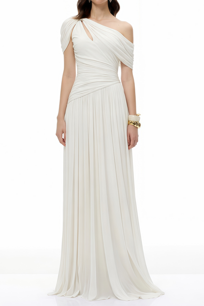 Sigrun White Asymmetrical Gathered Maxi Dress