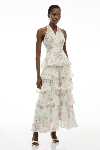 Sílvia White Floral Print Tiered Maxi Dress