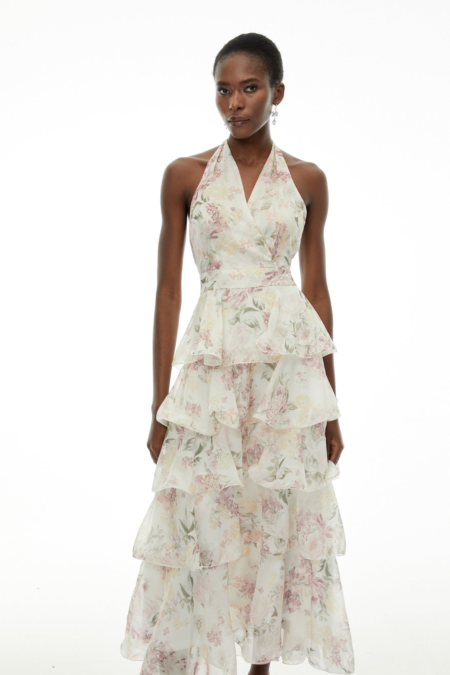Sílvia White Floral Print Tiered Maxi Dress