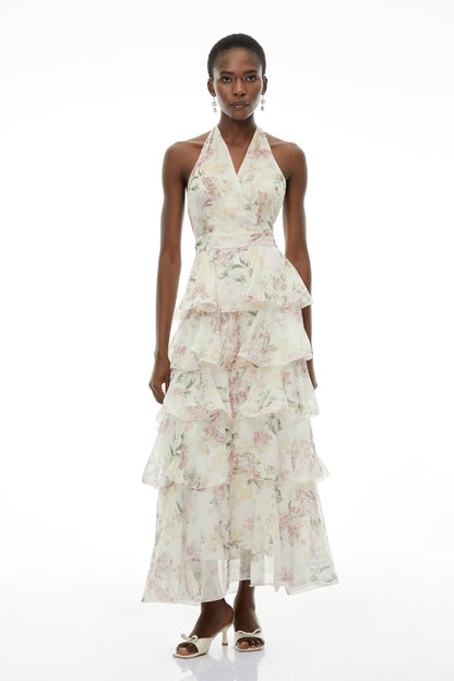 Sílvia White Floral Print Tiered Maxi Dress