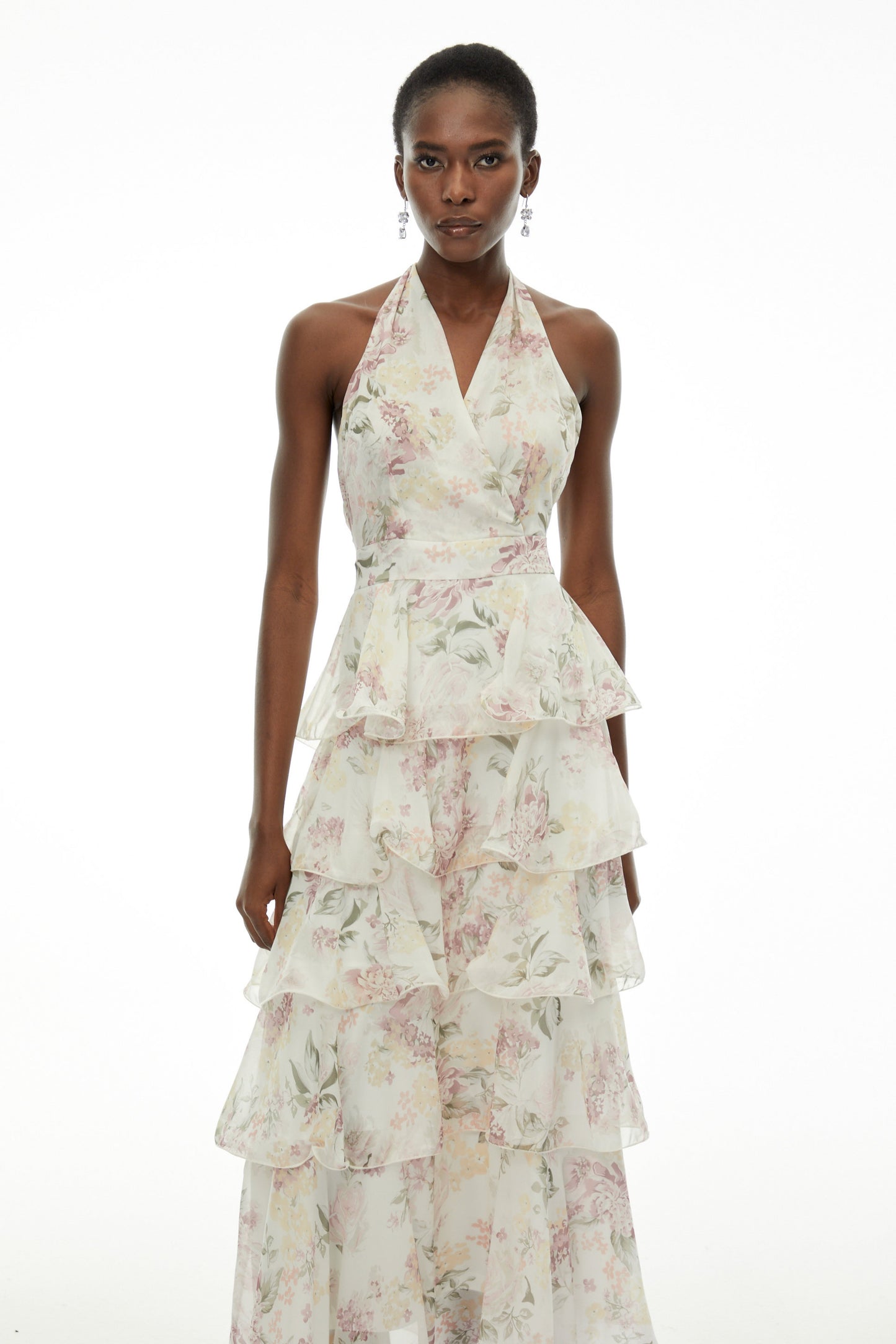 Sílvia White Floral Print Tiered Maxi Dress