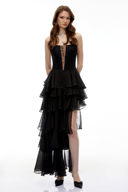 Simone Black Tulle Maxi Dress with Cut-Outs