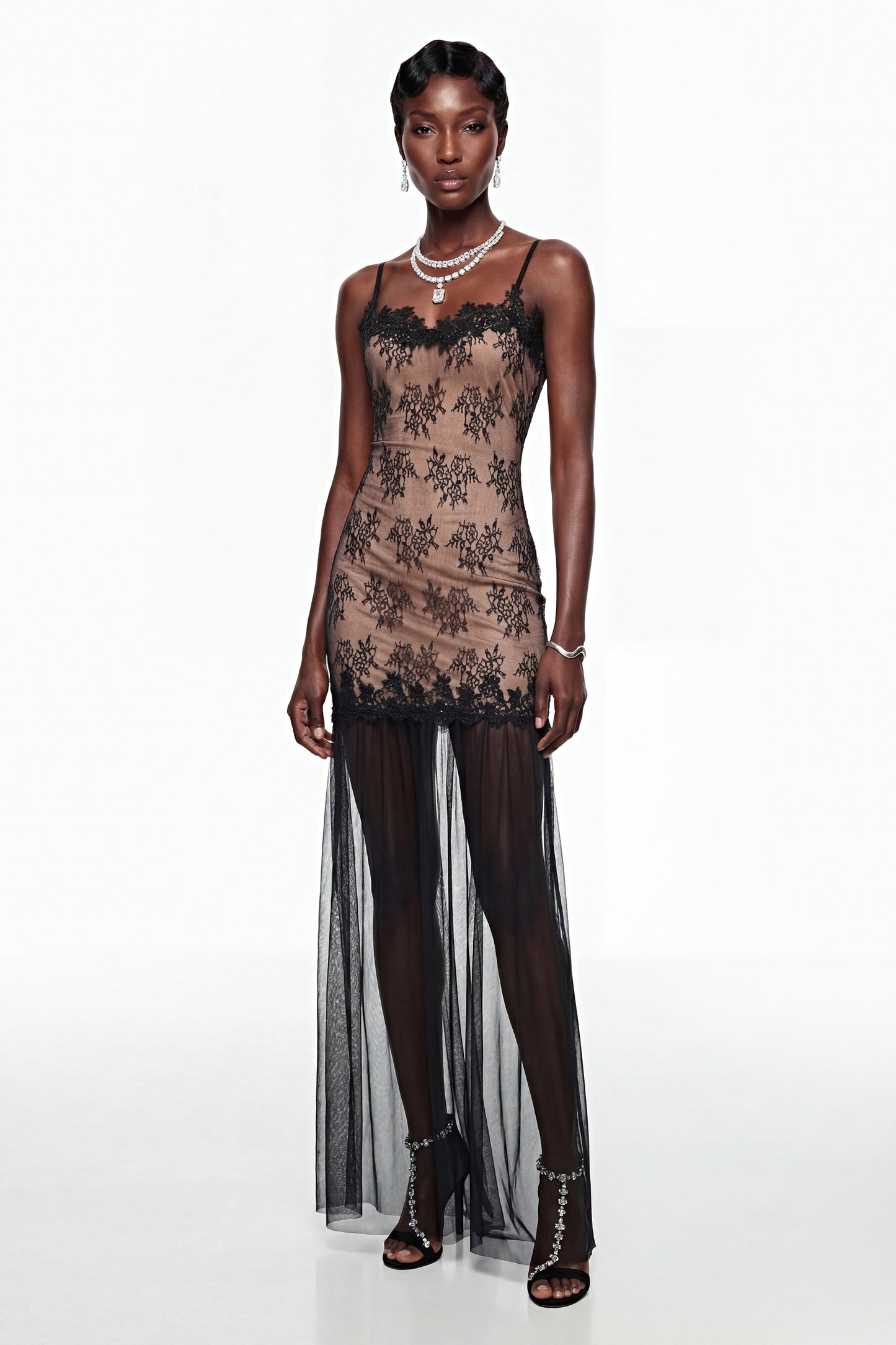 Sisanda Black Tulle Maxi Dress with Lace Panels