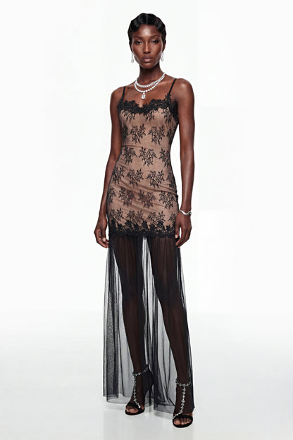 Sisanda Black Tulle Maxi Dress with Lace Panels