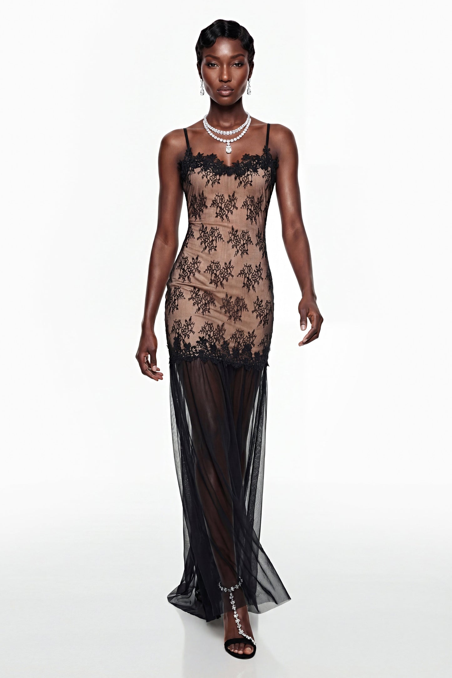 Sisanda Black Tulle Maxi Dress with Lace Panels