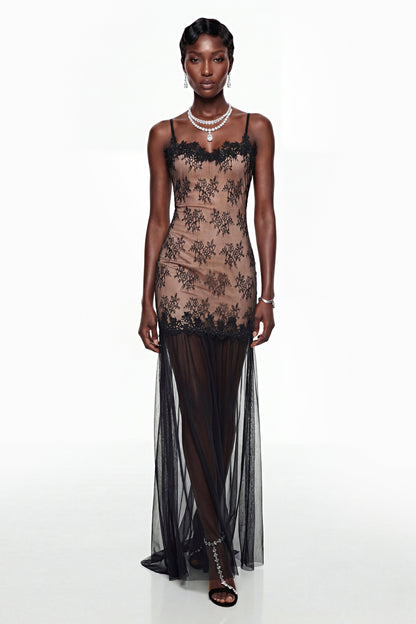 Sisanda Black Tulle Maxi Dress with Lace Panels