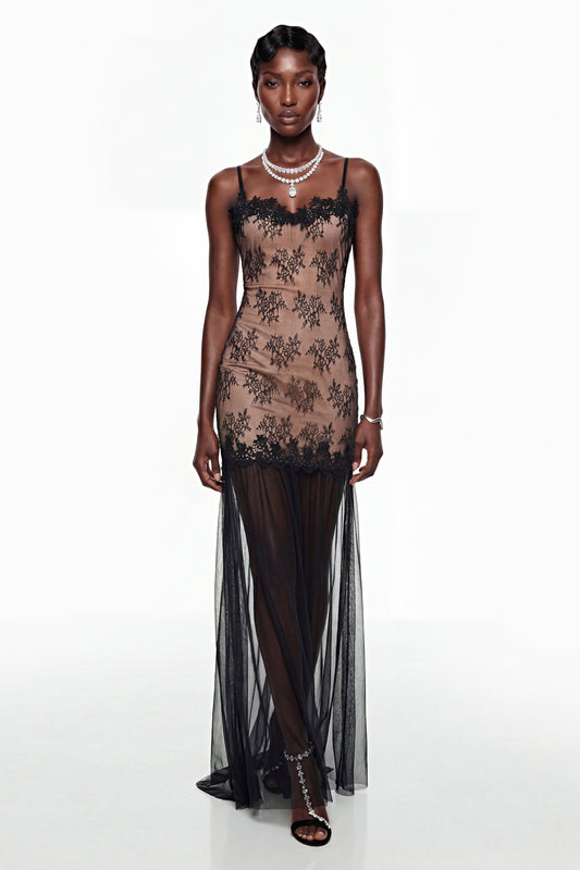 Sisanda Black Tulle Maxi Dress with Lace Panels