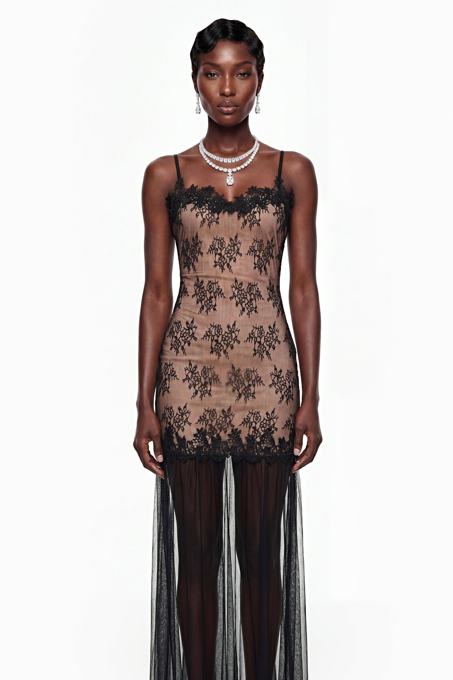 Sisanda Black Tulle Maxi Dress with Lace Panels
