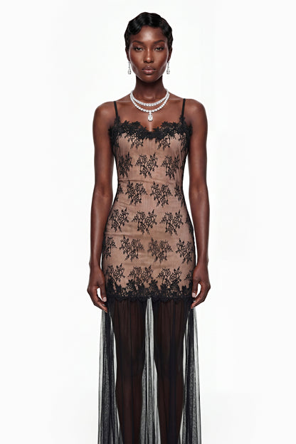 Sisanda Black Tulle Maxi Dress with Lace Panels