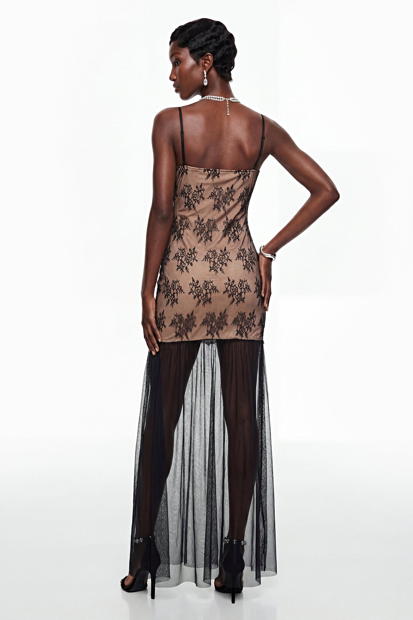Sisanda Black Tulle Maxi Dress with Lace Panels