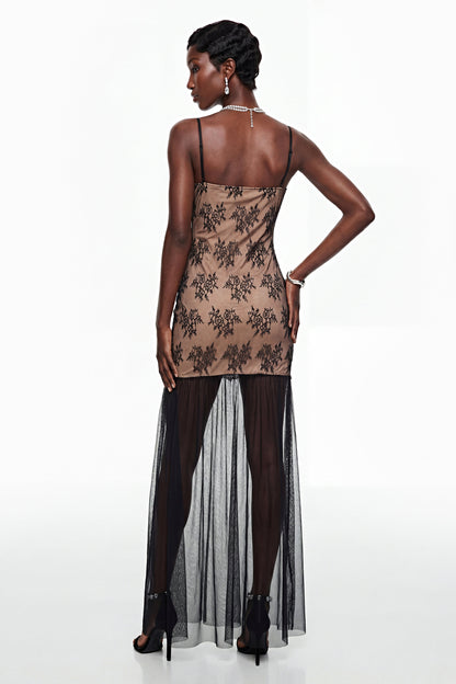 Sisanda Black Tulle Maxi Dress with Lace Panels
