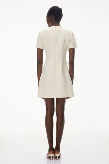 Skye Ivory Round Neck Mini Dress with Floral Applique