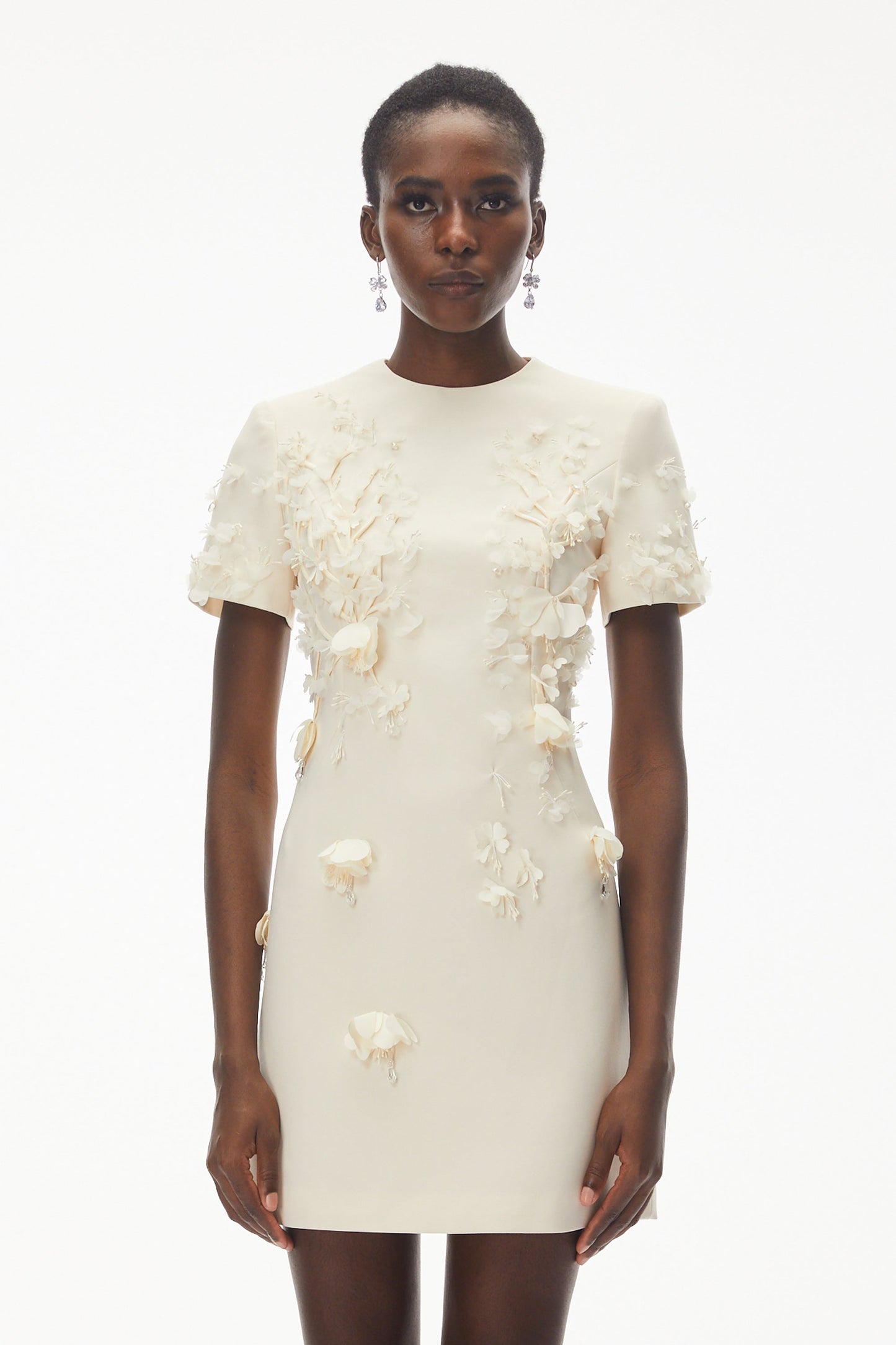 Skye Ivory Round Neck Mini Dress with Floral Applique