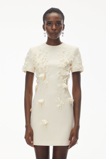 Skye Ivory Round Neck Mini Dress with Floral Applique