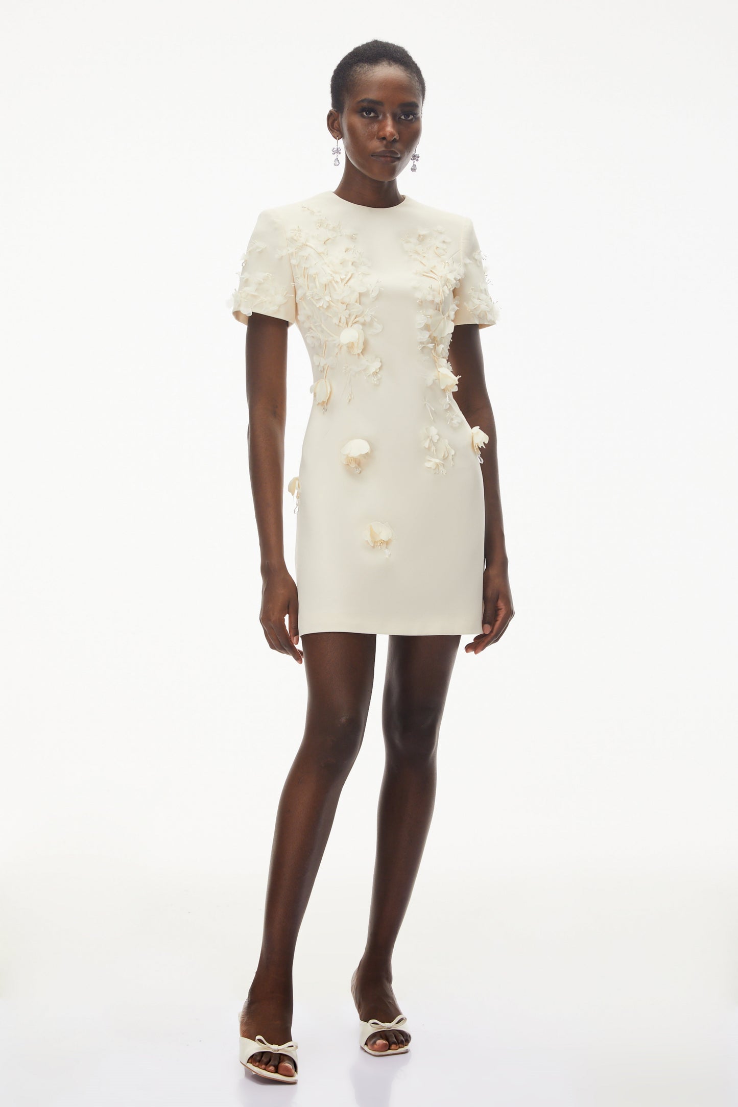 Skye Ivory Round Neck Mini Dress with Floral Applique