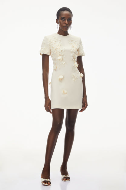 Skye Ivory Round Neck Mini Dress with Floral Applique