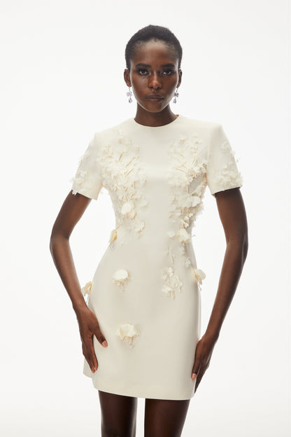 Skye Ivory Round Neck Mini Dress with Floral Applique