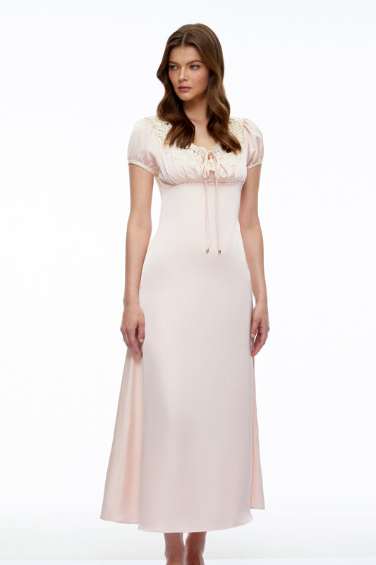 Sloane Pink Satin Midi Dress with Lace Collar